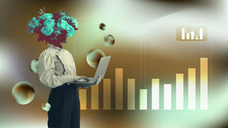 Business analytics concept collage. Woman in formal office outfit and flower head analyzing bar chart data from laptop. Vintage vector illustration on blurred gradient backgroundの写真素材