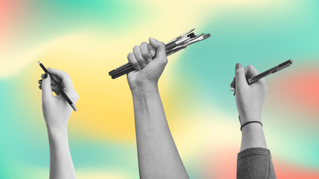 Sets of realistic hand holding writing tools black and white illustration on colorful gradient background.のイラスト素材