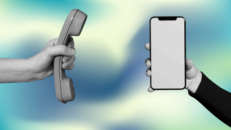 Hands holding telephone and smartphone realistic vector collage art. Traditional and modern technology comparison.のイラスト素材
