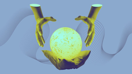 Hands holding crystal ball fortune telling collage art. Abstract concept of prophecy and prediction of future illustrationのイラスト素材