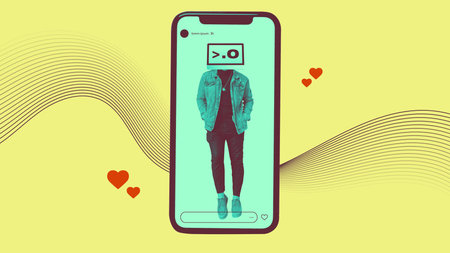 Artificial intelligence social media male influencer on phone collage art. Man with computer screen head and emoji face. Virtual reality concept of advance technology.のイラスト素材
