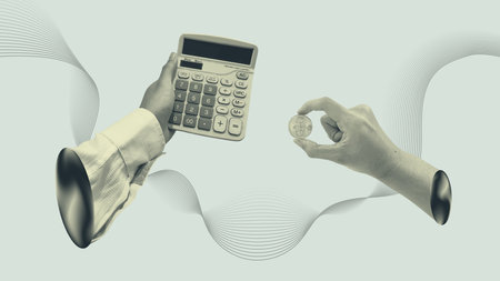 Hands holding calculator and bitcoin investment. Financial planning collage concept vintage illustrationの写真素材