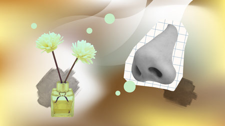 Smelling reed diffuser aroma therapy collage art. Cropped nose and isolated objects on blurry colorful background.の写真素材