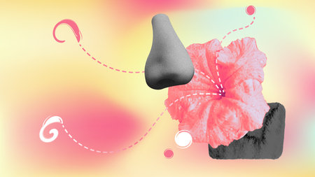 Smelling flower fragrance collage art isolated on colorful blurry gradient background. Abstract textured illustrationの写真素材