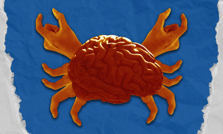 Crab mentality collage art concept. Brain and hands forming a crab shape illustration. Human...