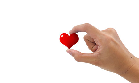 Hand holding heart icon isolated on white background. Pinching gesture, symbol of love.の写真素材