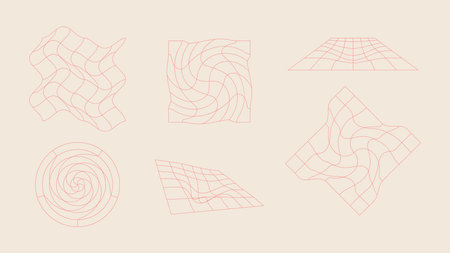 Abstract wireframe polygonal geometric grid shape set. Retro futuristic design element vector illustration.のイラスト素材