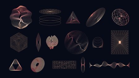 Retrofuturism peach fuzz 3D grid wireframe design elements collection isolated on black background. Abstract mesh pattern vector illustration for posters, website, print, ads.のイラスト素材