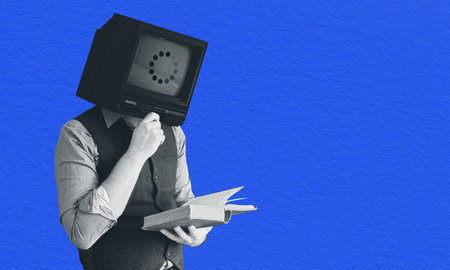 Machine learning concept collage art. Man with TV head reading a book, Artificial intelligence processing data shown on the monitor. Black and white illustration isolated on blue bの写真素材