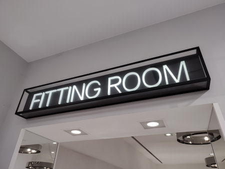 Fitting room sign on the wall above the door openingの写真素材