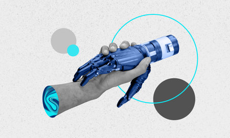 Handshake between man and AI collage. Human and robot hands cropped, isolated on white background. Partnership and teamwork concept, working together.の写真素材