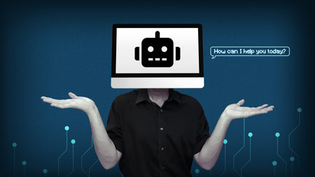 AI chatbot personal virtual assistant in human form collage concept on blue technology background. Man with computer screen head and robot icon. Digital floating chat bubbleの写真素材
