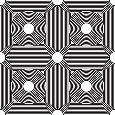 Geometric op art seamless pattern in black and white color. Repeatable vector illustration for optical illusion, floor tile, background.のイラスト素材