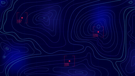 Futuristic topographic contour line UI technology. GPS coordinate AI tracker. Geographic map pattern for cartography. Blue Vector illustration templateのイラスト素材