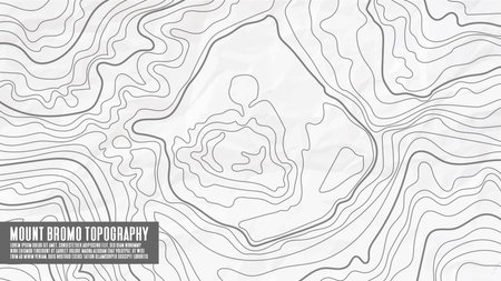 Mount Bromo topographic contour. Geographic map illustration for cartography isolated on white crumpled paper background and texture. Black and white vector line pattern templateのイラスト素材