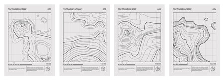 Retro futuristic topographic map, relief contour posters set. Abstract line land elevation minimalist art style. Cartography terrain pattern. Modern monochrome brutalism printのイラスト素材