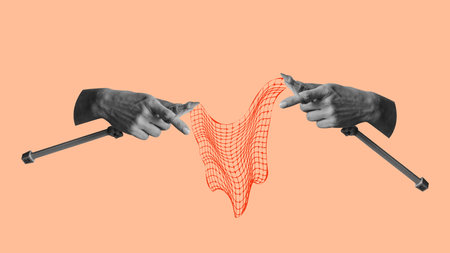 Human hand knitting retro futuristic collage. Wavy 3d grid mesh graphic combined with black and white photographic element isolated on peach fuzz backgroundのイラスト素材