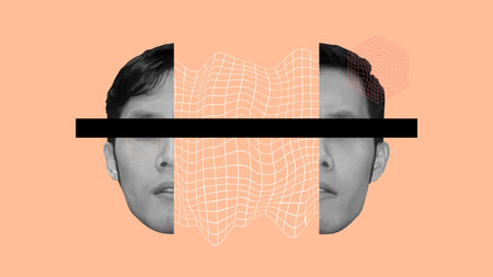 Abstract surreal portrait with distorted 3D grid mesh and cubic elements. Conceptual modern digital collage on peach fuzz background.のイラスト素材