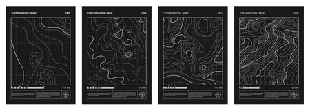 Retro futuristic topographic map, relief contour posters set. Abstract line represents land elevation with minimalist art style design. Cartography terrain patternのイラスト素材