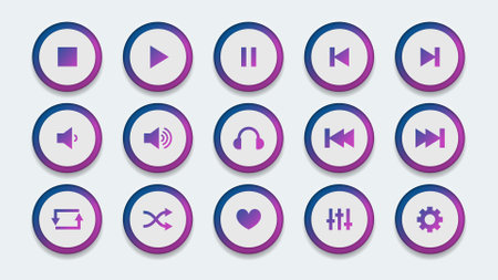 Music playlist neumorphic UI button set on white background. Collection of futuristic soft user interface buttons with simple icon. Play, stop, and pause button for mobile, desktopの写真素材