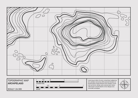 Geographical archipelago landscape relief contour map, topographic poster. Abstract line drawing represent land elevation with minimalist art style design. Cartography patternのイラスト素材