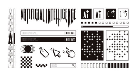 Retro futuristic AI button user interface design element. Black and white graphic for desktop computer, web page UI. App button, loading bar and search engine vector illustration.のイラスト素材