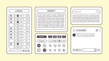 Retrofuturism app interface with generative AI feature. Vintage artificial intelligence desktop application and website UI mockup. Vector illustration template for program designのイラスト素材