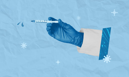 Hand wearing latex glove holding syringe filled with vaccine. Doctor preparing medical injection. Photography collage on blue paper background.の写真素材