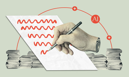 Effective AI writing tools collage. Hand writing on paper, symbolism of artificial intelligence, piles of papers on the background. Vintage style contemporary pop art.の写真素材
