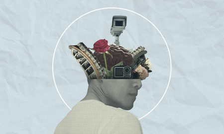 Vintage collage inside man's head split open filled with ideas, abstract thinking, beauty and...