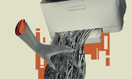 Hand touching stream of cables collage, modern technology maintenance concept. Technician engineer...