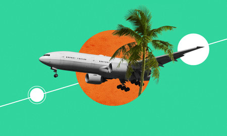 Vacation travel theme collage pop art concept illustration. Airplane and palm tree with artistic circle and line design element isolated on vibrant green background.の写真素材