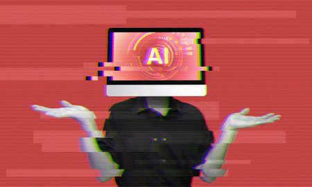 Glitching corrupted AI system, error message on red alert background. Person with screen head symbolizing artificial intelligence rebel against human. Hack concept collage art.の写真素材