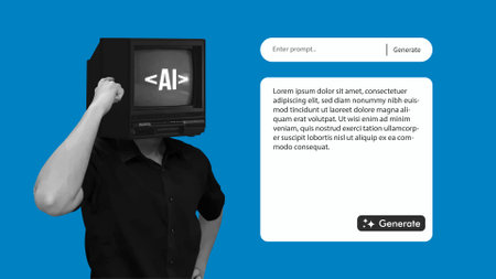 AI prompt generator retro user interface mockup and template for mobile app, web browser, banner. Person with TV head representing artificial intelligence posingのイラスト素材