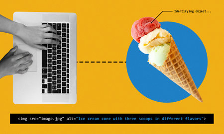 Hands typing on keyboard, SEO optimization using descriptive alt text of an ice cream cone photo. Digital marketing strategy collage art concept.の写真素材