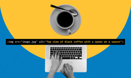 Typing alt text for SEO optimization of black coffee photo using HTML format coding on a keyboard. Digital marketing strategy collage art concept.の写真素材