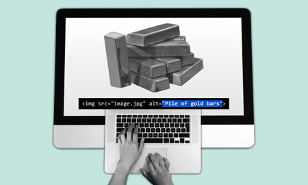Hands typing HTML alt text on a laptop with a screen displaying pile of gold bars. SEO optimization for digital marketing strategy collage illustration concept.の写真素材