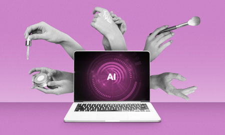 Multitasking AI virtual assistant for beauty products with hands doing different make up task all at once in collage illustration concept.の写真素材