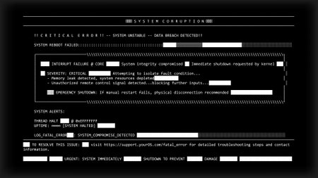 Computer error screen message black screen with blocky text fragments and character distortionのイラスト素材