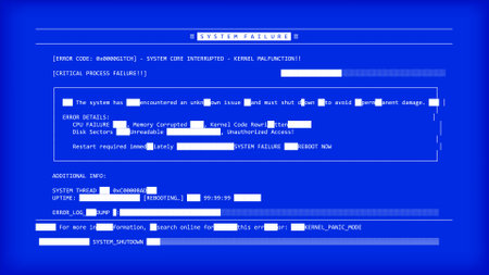 Computer error screen message blue screen with blocky text fragments and character distortion