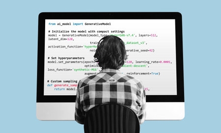 Code programmer working in front of big computer screen. Digital technology collage art, developing software using programming language app.の写真素材