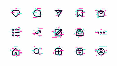 Social media icons with distorted glitch effects. Futuristic web clipart and mobile app user interface collectionのイラスト素材