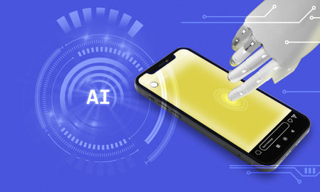 Robot hand touching phone, AI smartphone technology concept. Interacting with digital world using artificial intelligence.の写真素材