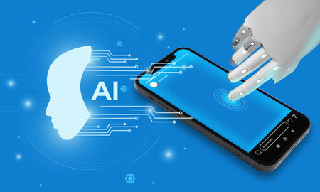 Robot hand touching phone, AI smartphone technology concept. Interacting with digital world using artificial intelligence.の写真素材