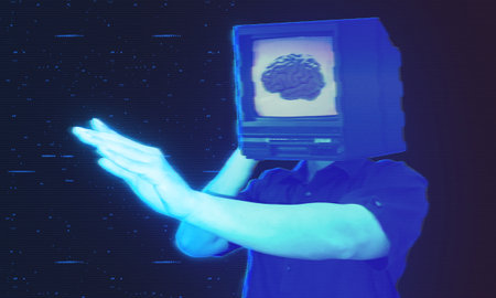 Person with retro tv head hologram projection, image of brain on screen. Augmented reality with...