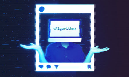 Social media algorithm hologram 3D projection, augmented reality with glowing blue glitch effects....