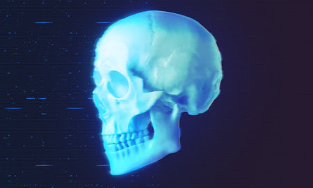 3D Skull hologram projection, augmented reality with glowing blue glitch effects. Futuristic digital world concept.の写真素材