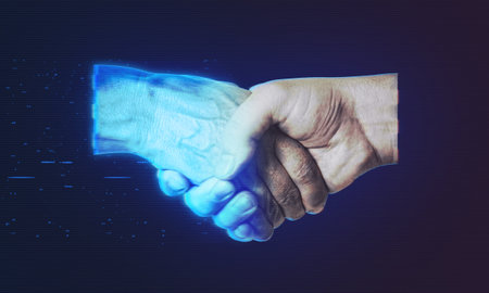 Handshake through digital contract and agreement for business partnership. Online business concept, investment for long term success.の写真素材