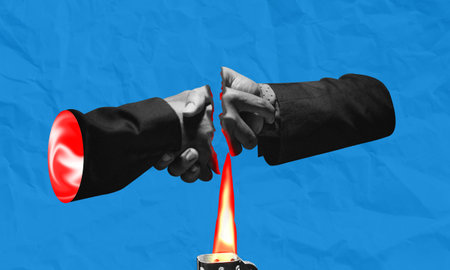 Business handshake ripped apart by burning fire, symbolizing severing business partnership and contract, broken agreement. Surreal collage illustration.の写真素材