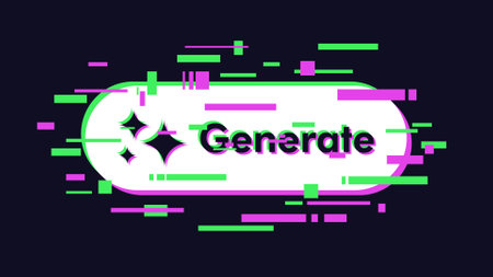 Glitching AI generate button, system malfunction and error graphical user interface concept. Retro futuristic icon for app and web browser.のイラスト素材